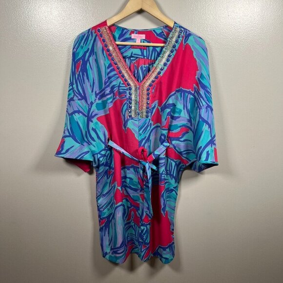 Lilly Pulitzer Wilda Caftan Dress Size Small Pink Sway Beaded Tropical Vacation - Picture 2 of 12